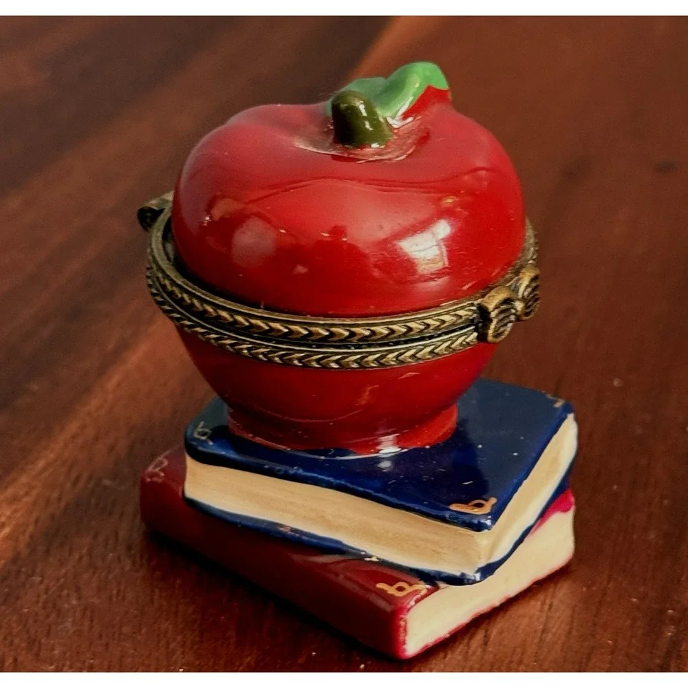 Vintage Apple Trinket Box Teacher Gift Hinged Book Stack Classroom Decor - Picture 2 of 7